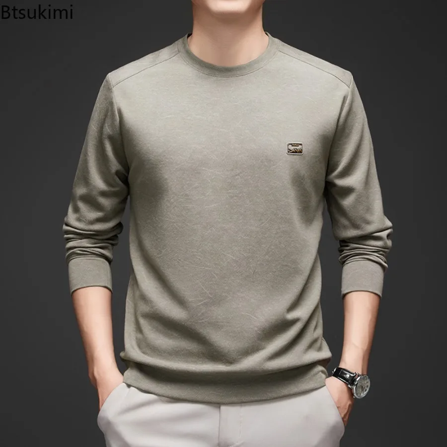 

Fashion New Men's Long Sleeve Waffle T-shirts Spring Autumn Round Neck Business Casual Tops Personalized Print Loose Sweatshirts