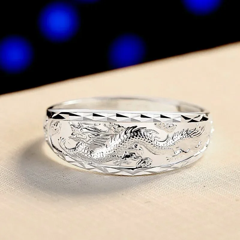 Bright Silver 925 Dragon Phoenix Double Rings Men And Women Classic Ethnic Couple Style Wedding Engagement Ring Jewelry