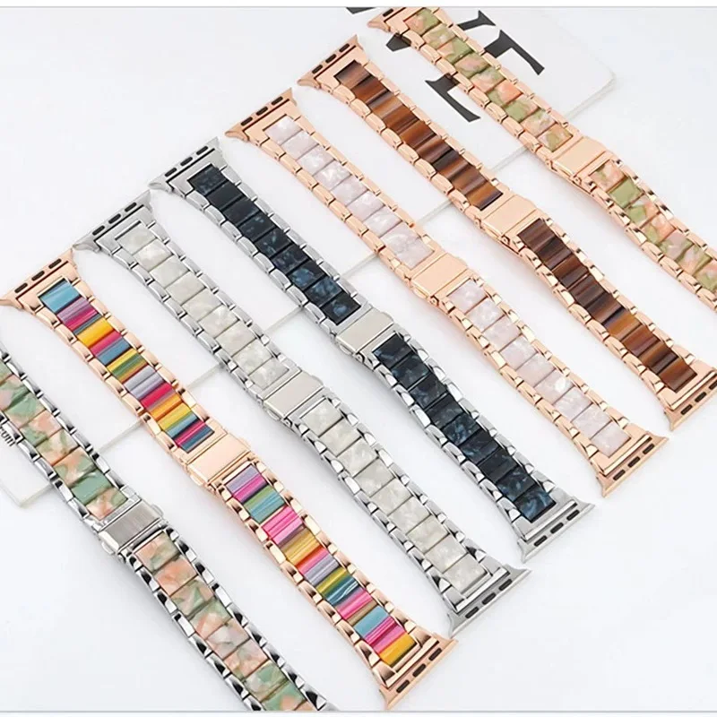 Luxury Metal+ Resin Watchbands for Apple Watch Ultra Straps 9 8 7 6 5 4 3 2 SE iwatch Bands Ladies for 41mm 44mm 45mm 40mm 49mm