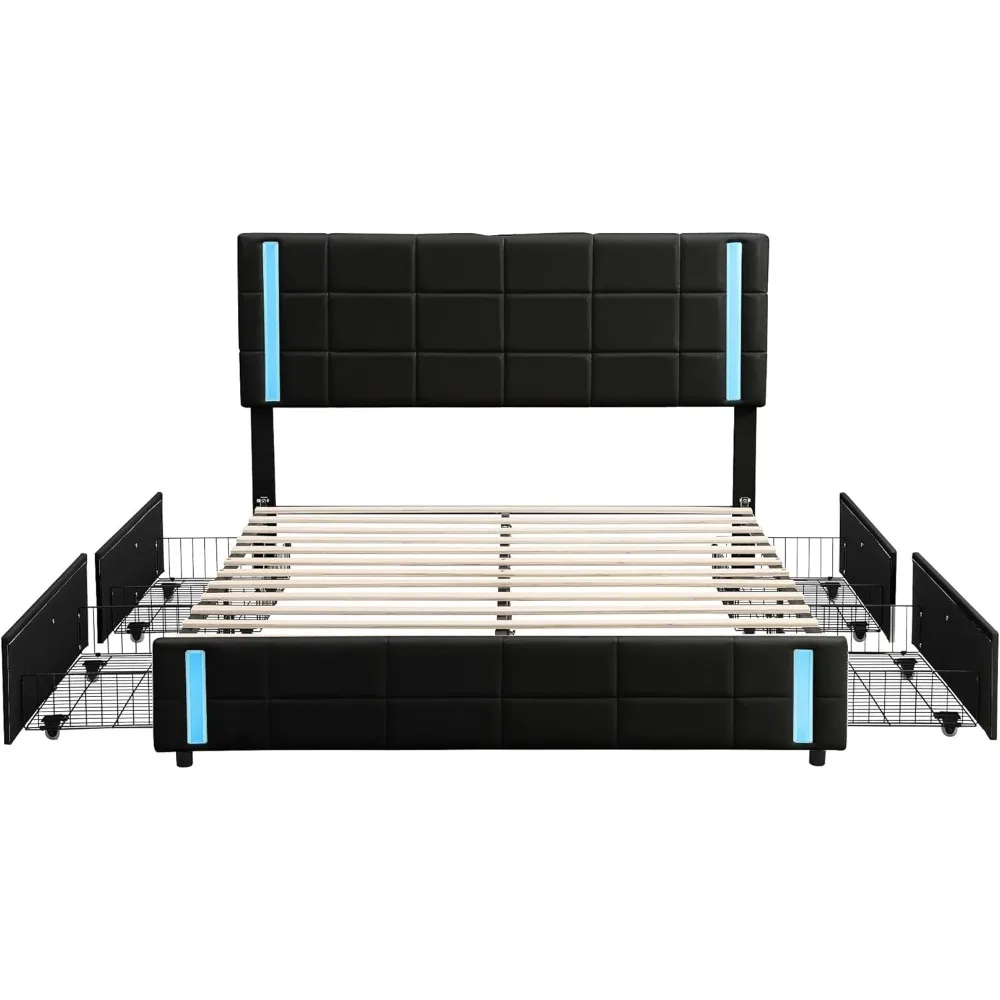 Queen Size Upholstered Platform Bed with LED Lights and USB Charging, Linen Frabic Wooden Bedframe with 4 Storage Drawers