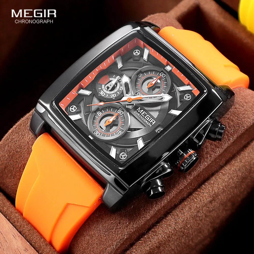 MEGIR-reloj deportivo Unisex, cronógrafo de pulsera de cuarzo, resistente al agua, con manecillas luminosas, fecha automática, esfera rectangular