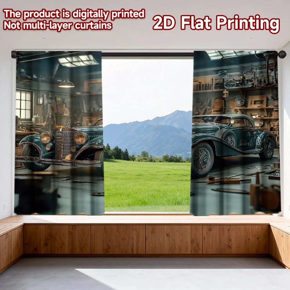 

2D flat printing 2pcs Scene Curtains Vintage Car Workshop Scene Digital Printed Polyester Drapes Holiday Decorations for Booths