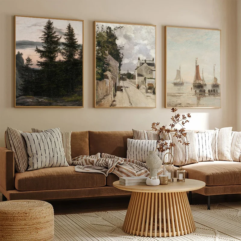 Vintage European Country Landscape Forest Deer Sky HD Poster Print Portrait Sailboat Canvas Painting Picture For Home Room Decor