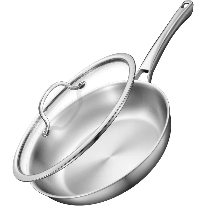 

12 inch Tri-Ply Stainless Steel Frying Pan with LID,PFOA&PTFE Free Skillets,Chef's Pans,Dishwasher and Oven Safe Cookware, Works