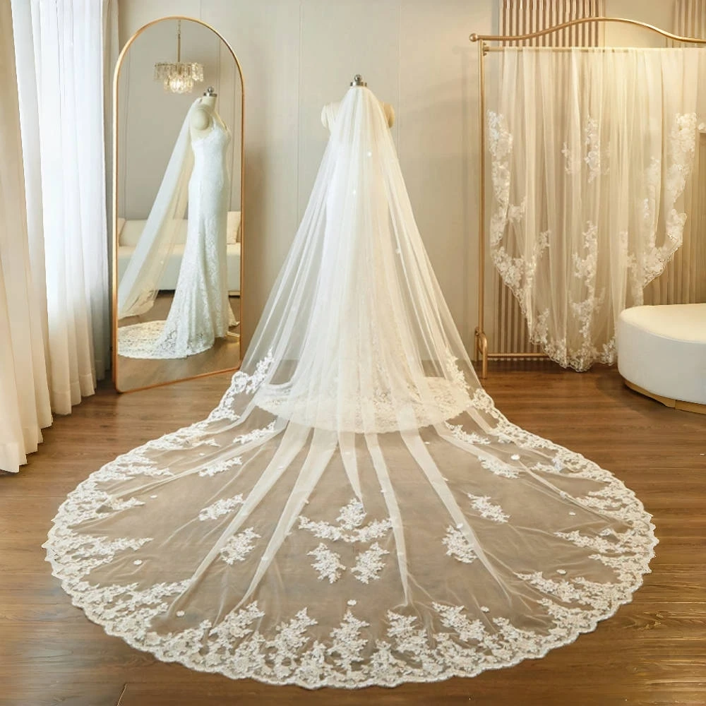 V67 Bridal Veils Long Cathedral Style Lace Embroidered Patche Wedding Veil 1 Tier Bridal Drerss Accessories for Bride