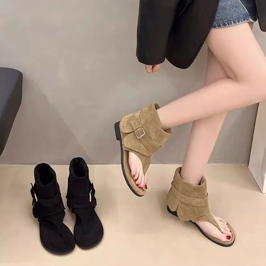 

Women Peep Toe Boots2026 Summer New Flip Flops Luxury Vintage Cool Boots Breathable Comfortable Fashion Square Button Sandals