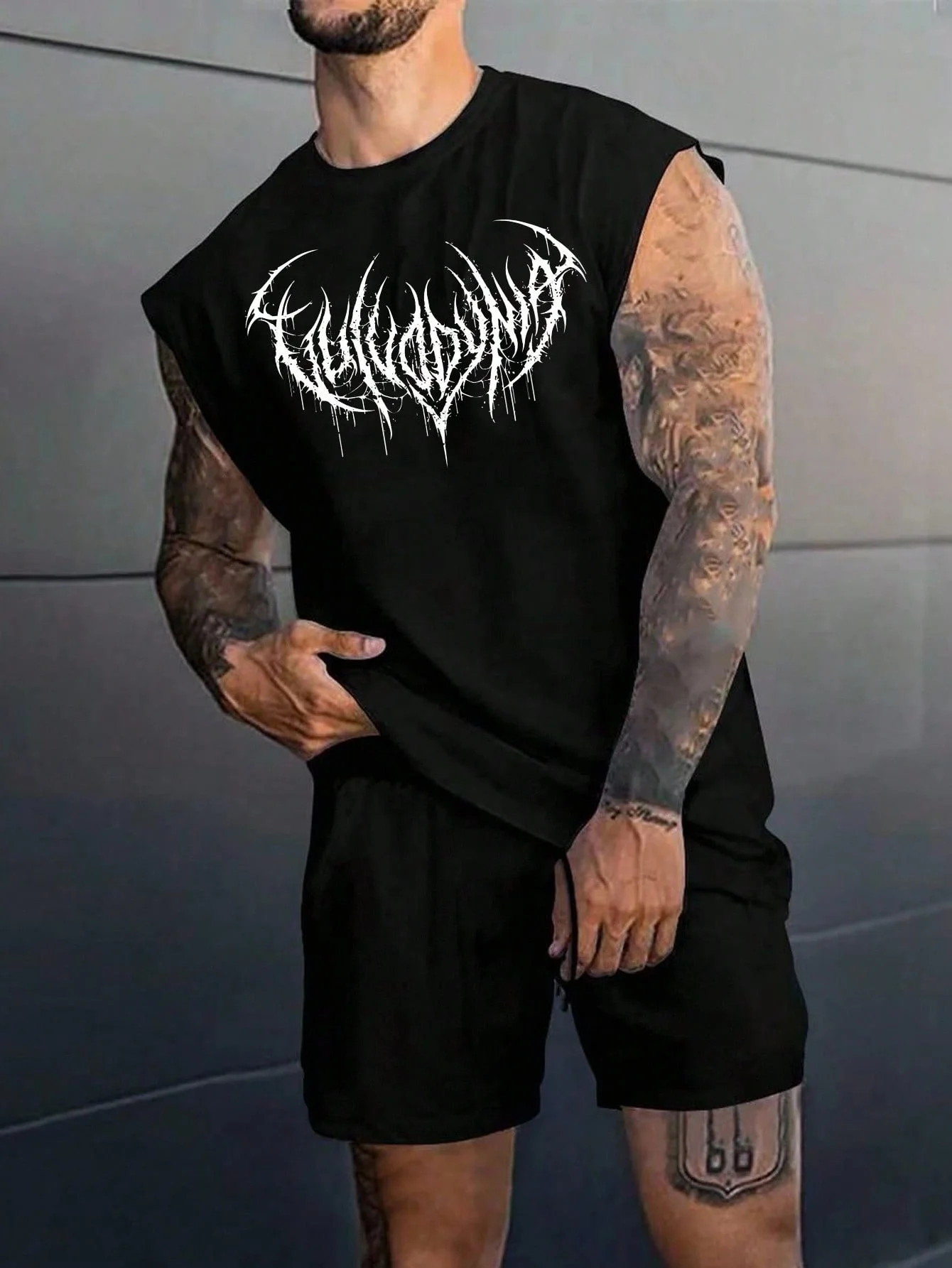 Men's Gothic Print Sleeveless T-Shirt Oversized Breathable Spring Summer Workout Tee for Gym Fitness Streetwear