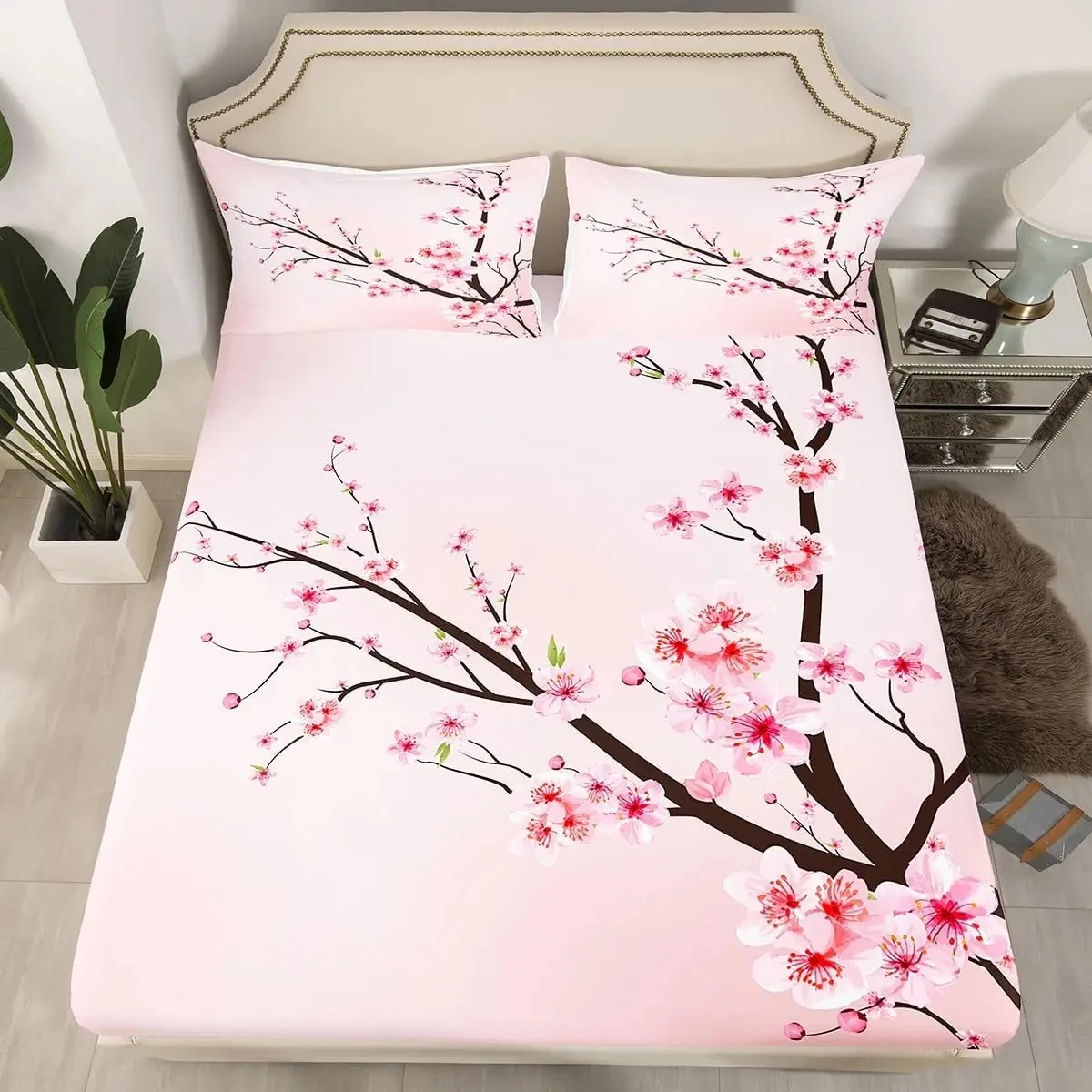 Cherry Blossom Bed Sheet Set Sakura Flowers Branch Fitted Sheet with Deep Pocket Japanese Spring Pink Floral Bedding Set Queen