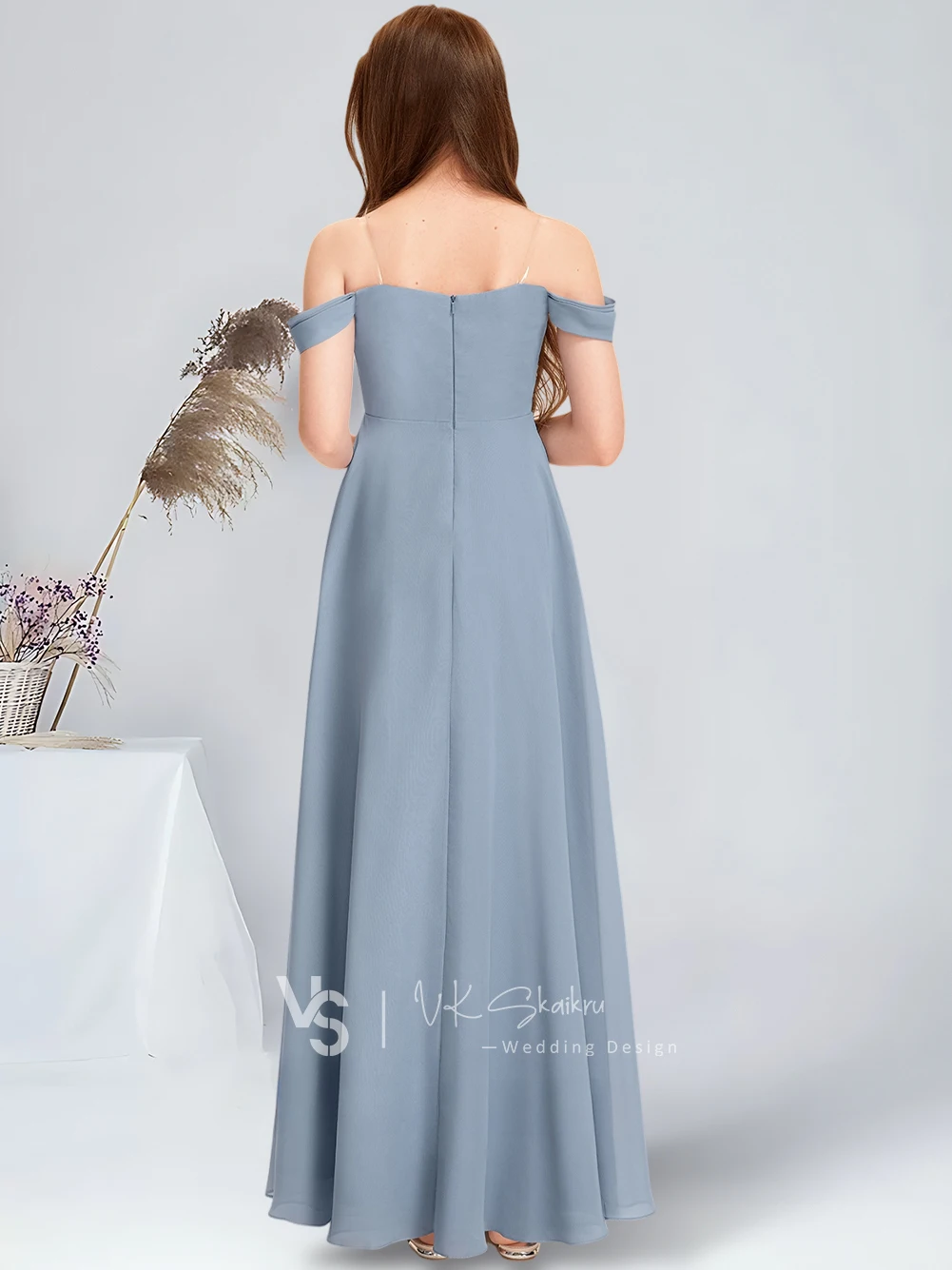 A-line Off the Shoulder Floor-Length Chiffon Junior Bridesmaid Dress Dusty Blue Flower Girl Dress for Wedding Communion Dress