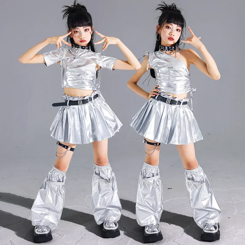 Jazz kpop dança traje meninas prata colheita superior saia plissada conjunto moda passarelas mostrar roupa crianças rua legal streetwear