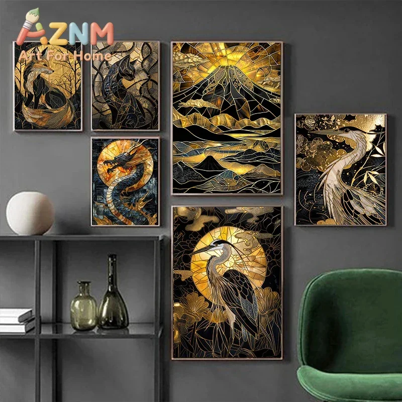 Kintsugi Black Gold Animals Heron Birds Fox Poster Prints Japanese Landscape Wall Art Canvas Painting For Living Room Home Decor