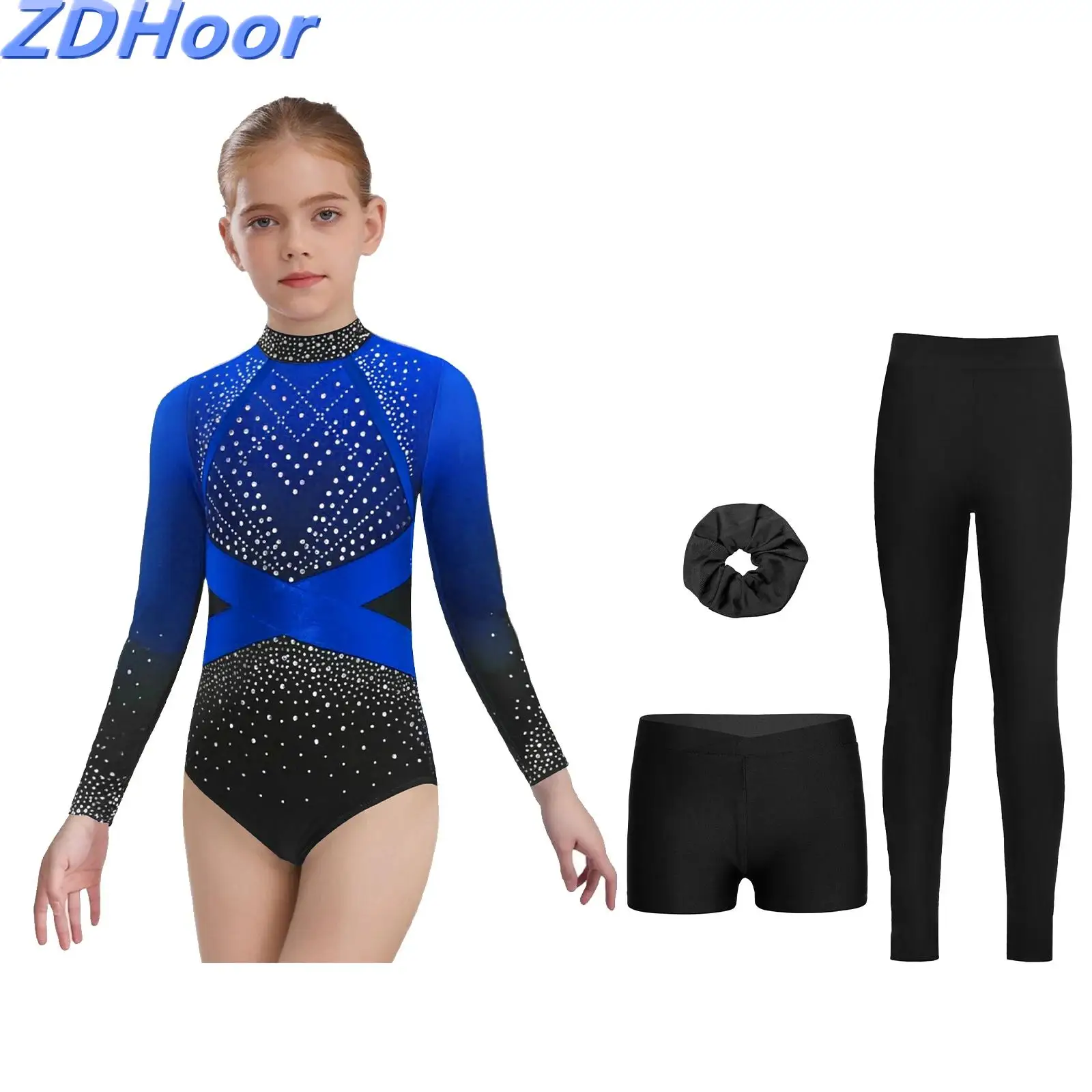Kinder Mädchen Farbblock-Ballett-Tanz-Outfits, glänzender Strass-Trikot mit V-Bund vorne, Shorts, Leggings, Kopfbedeckung
