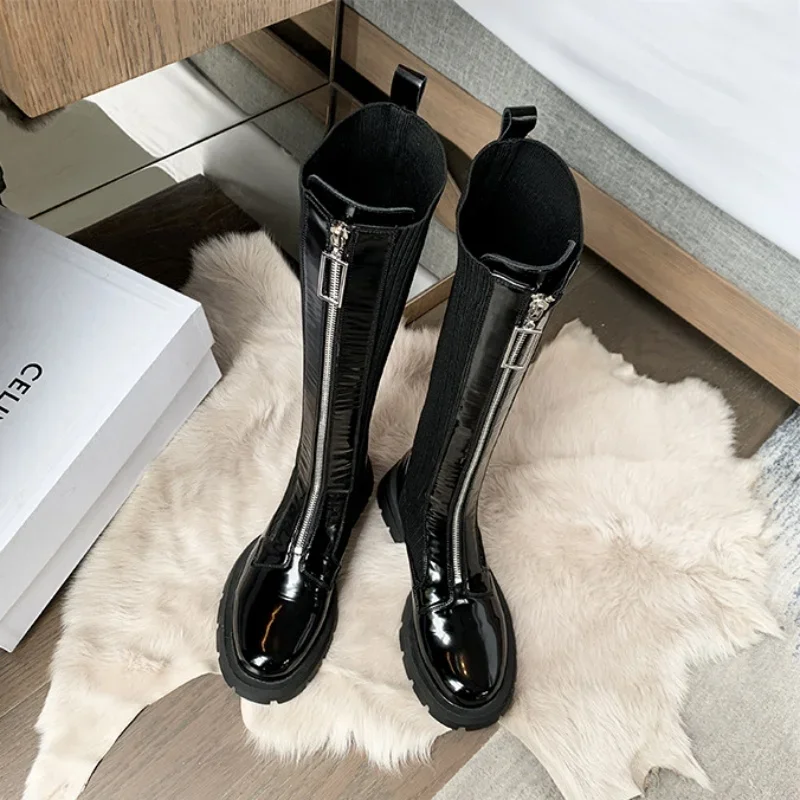 

Women Round Toe Long Booties Leisure Zipper Style Zapatos Mujer Black Patent Leather Ladies Shoes Slip On Cozy Modern Boots New