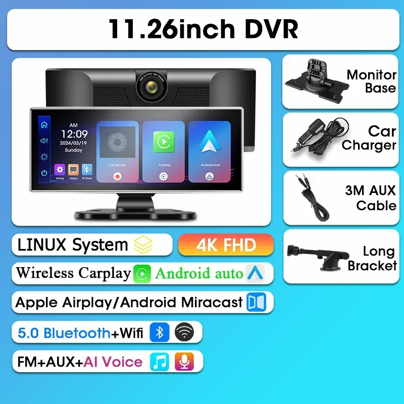 Srnubi 11.26 "Dash Cam Achteruitkijkspiegel Carplay Android Auto 4K DVR Navigatie Speler Dual Lens Recorder Dashboard WIFI BT AUX GPS FM