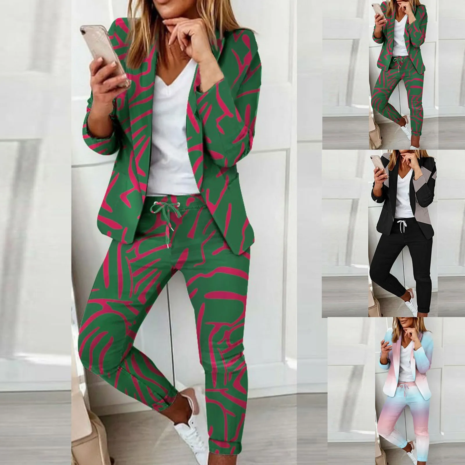 Women\'s Fashion Colour Block Print Two Piece Set Casual Long Sleeve Suit Jacket Drawstring Elastic Waist Slim Fit Pants Suit