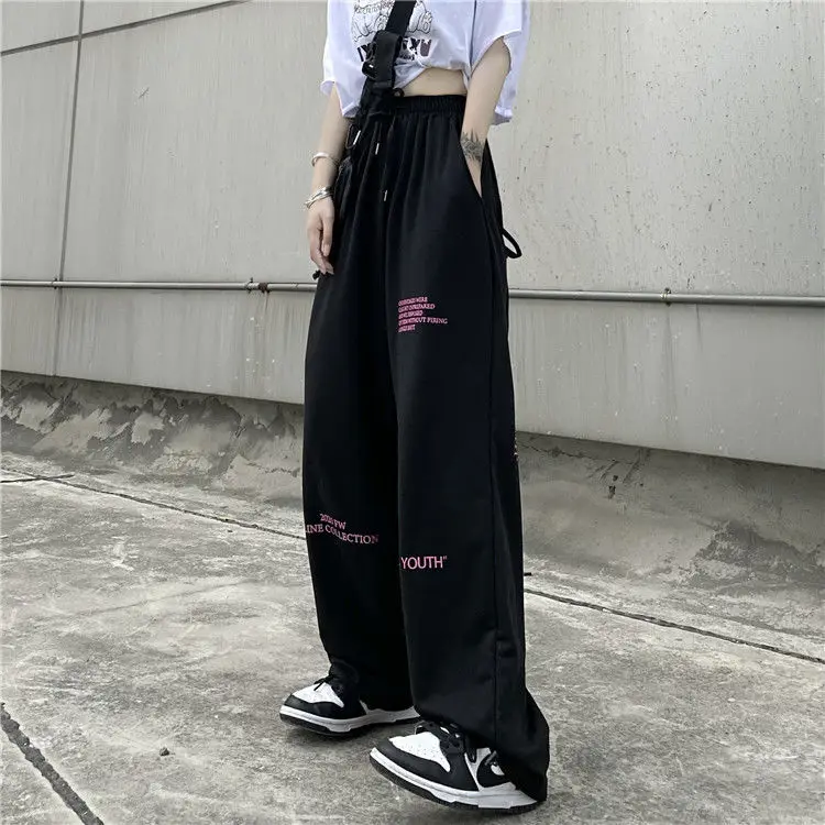 High Waist Wide Leg Pants Women's Spring Autumn Fleece Letter INS Student Thin Straight Casual Black Trousers Trendy