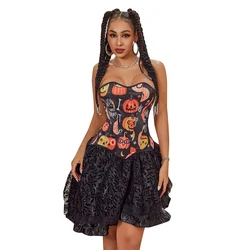 Women Overbust Corselet Pumpkin Skull Print Burlesque Corset Halloween Costumes Vintage Bustier Top