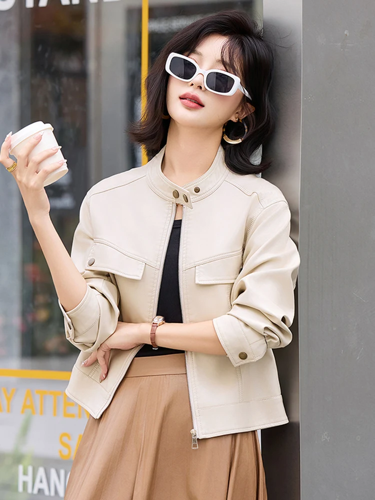 Giacca in Pelle da Donna alla Moda con Colletto Alto e Chiusura a Cerniera, Vestibilità Slim, Cappotto in Pelle di Pecora, Nuova Collezione Autunnale dalla Cina