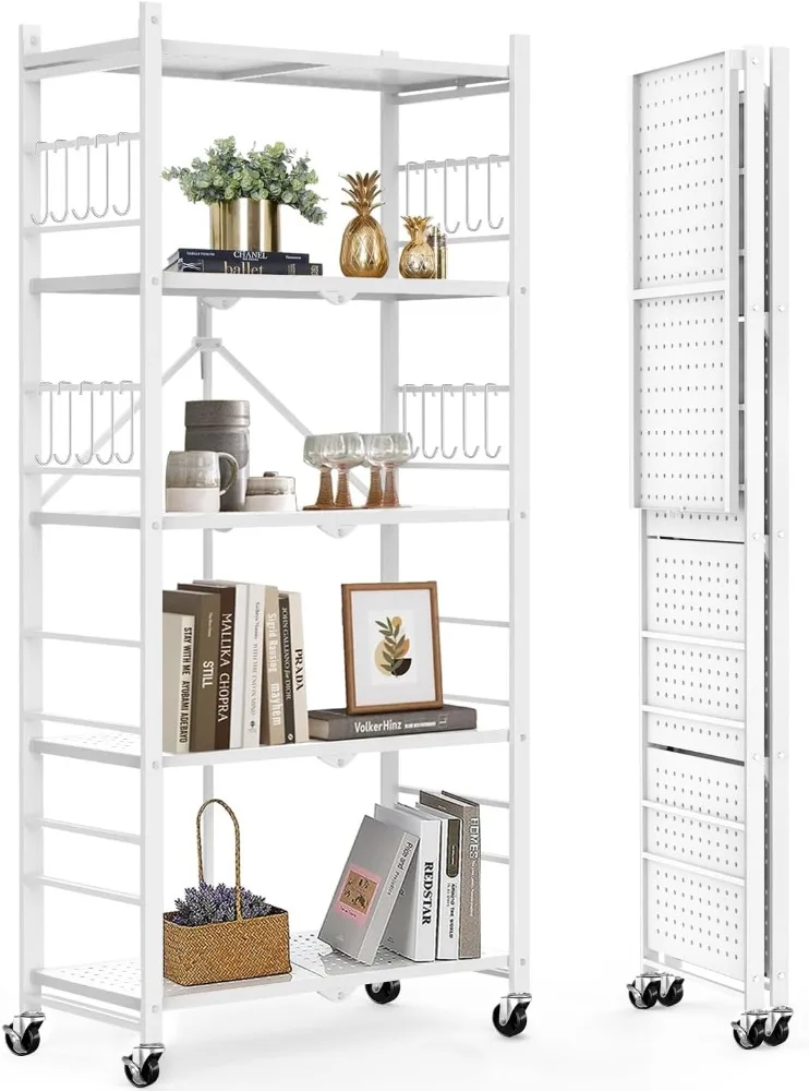 Storage Shelves with 20 Hooks, 5-Tier Foldable Shelves for Storage, Folding Shelf Unit Pantry Shelves with Wheels