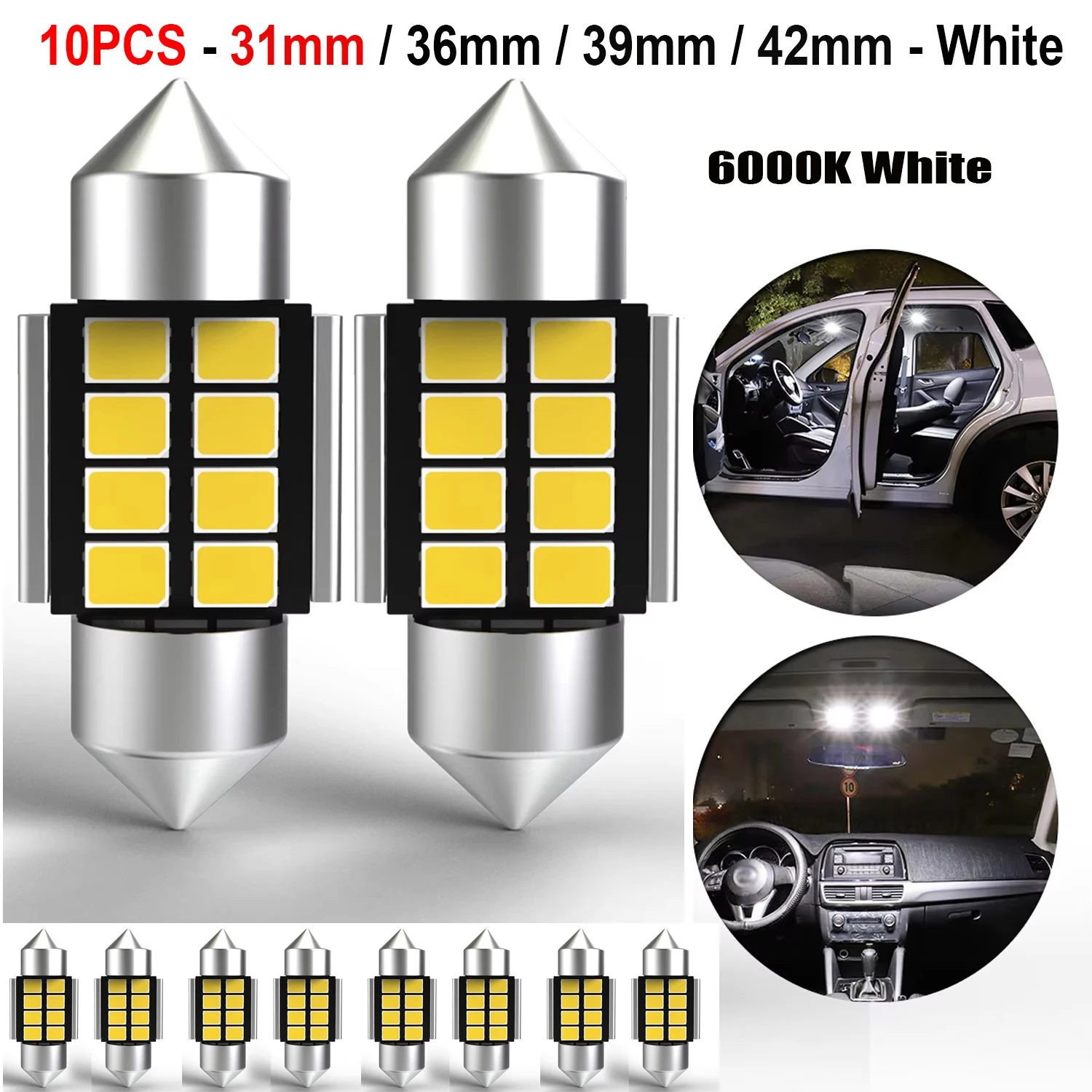 10X 31mm 36mm 39mm 42mm Canbus Festoon LED Interior Light Bulb LED Dome Light 600Lm 6000K For Subaru Impreza Outback XV Forester