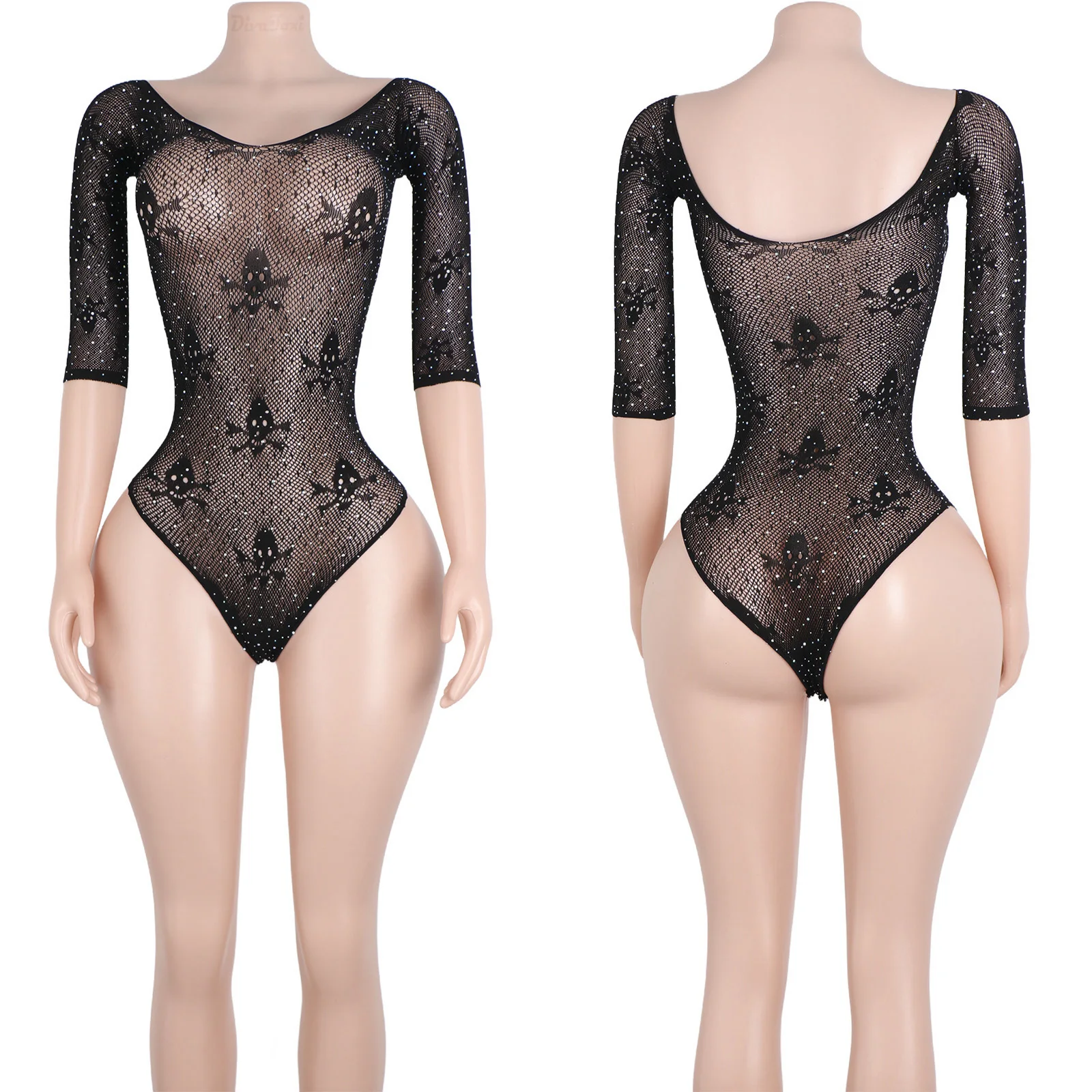 Halloween-Kostümlieferanten Großhandel mit Totenkopf-Aufdruck, langen Ärmeln, Tanga, Bikinis, Shorts, Dessous, exotischen Tanzbekleidungs-Strampler für Damen