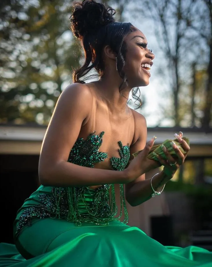 Emerald Green African Mermaid Evening Formal Dress for Black Girl Luxury Diamond Tassel Sheer Prom Gala Birthday Gown customsize