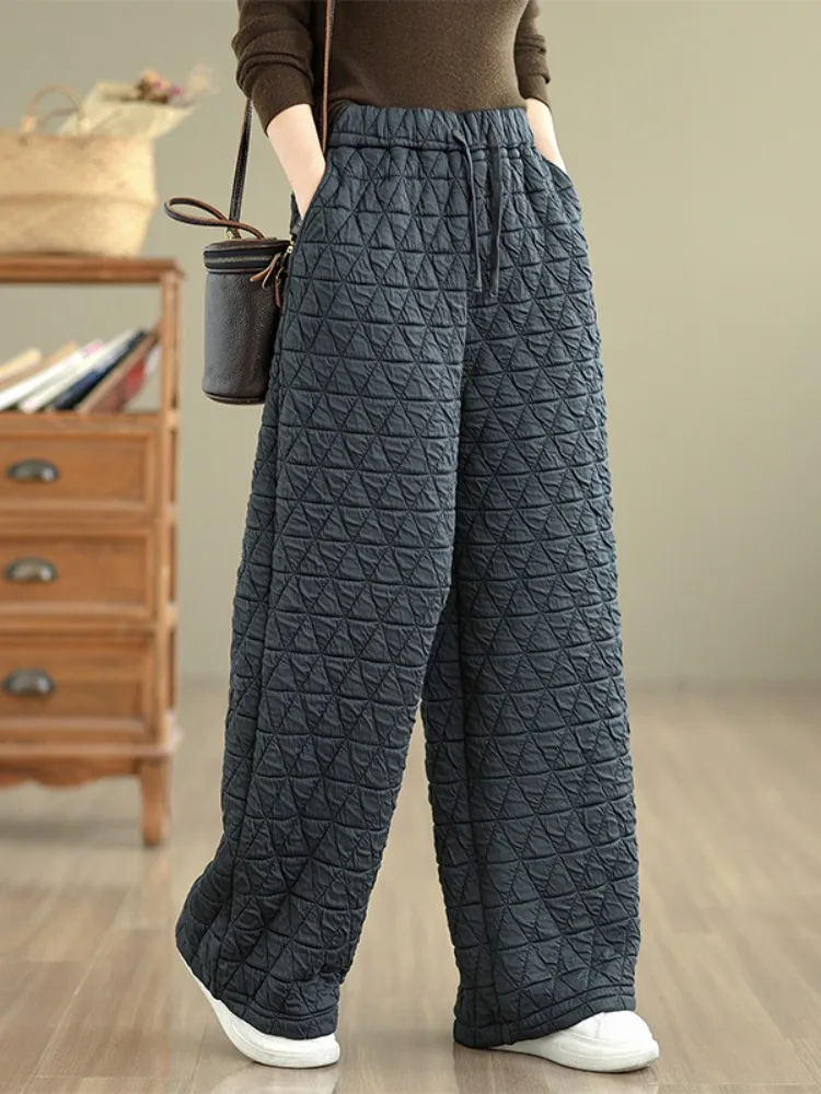 

High Waist Elastic Winter Cotton Pants Women's Casual Straight Leg Warm Trousers with Cotton Filling Dra Sle