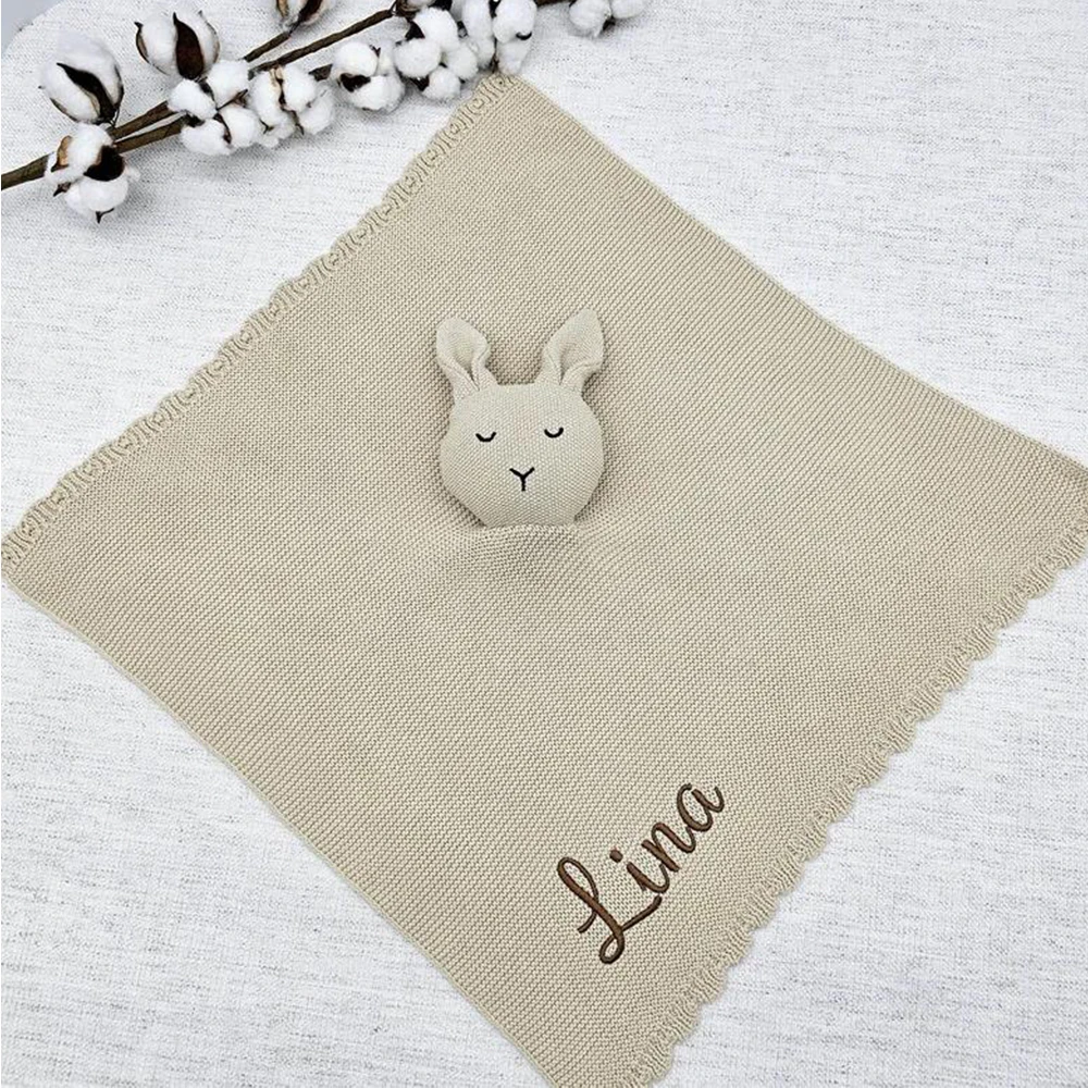 Personalized Muslin  CottoBlanket, Embroidered Baby Security Blanket Bunny Comforter, Soft Sleeping Toy, Personalized Baby Gift,