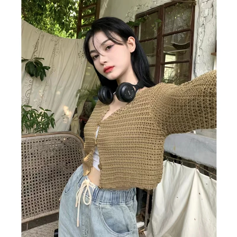 ZHUANQIN Women Buttons Up Short Cardigan Coat Knitted Hollow Out Smock Top Long Sleeved Thin Summer T-shirt Ruffles Casual Shirt