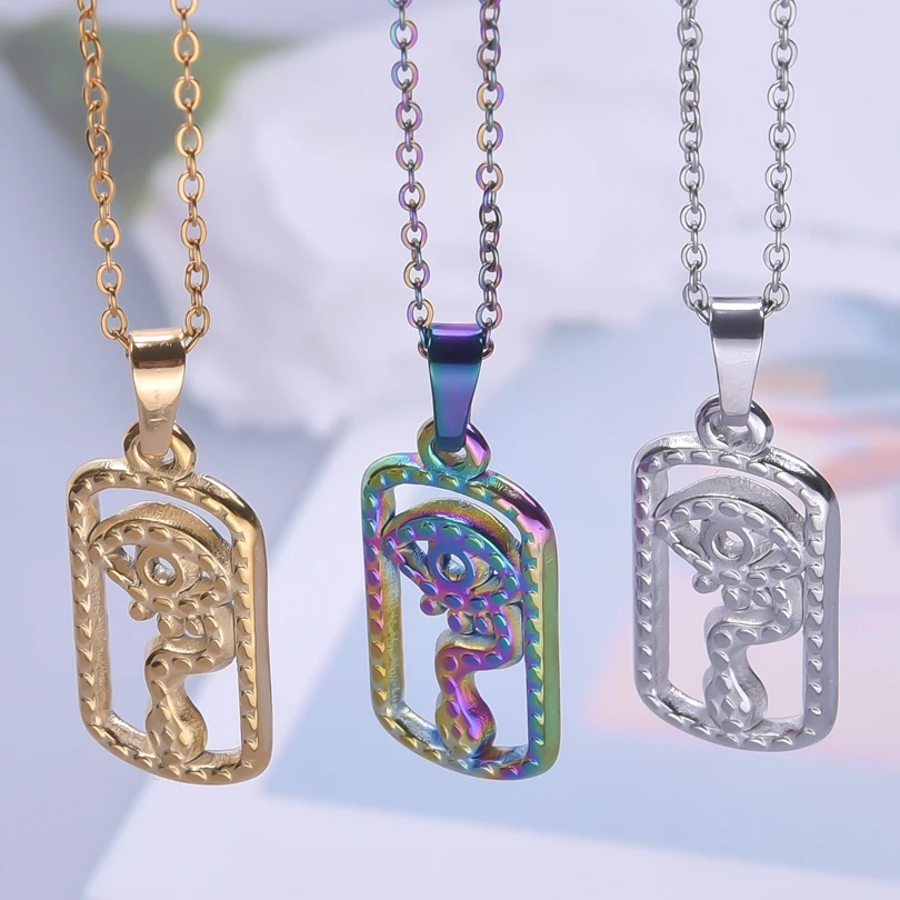 Vintage Weep Evil Eye Pendant Necklaces For Women Men Accessories Geometry Rectangle Stainless Steel Necklace Jewelry Choker