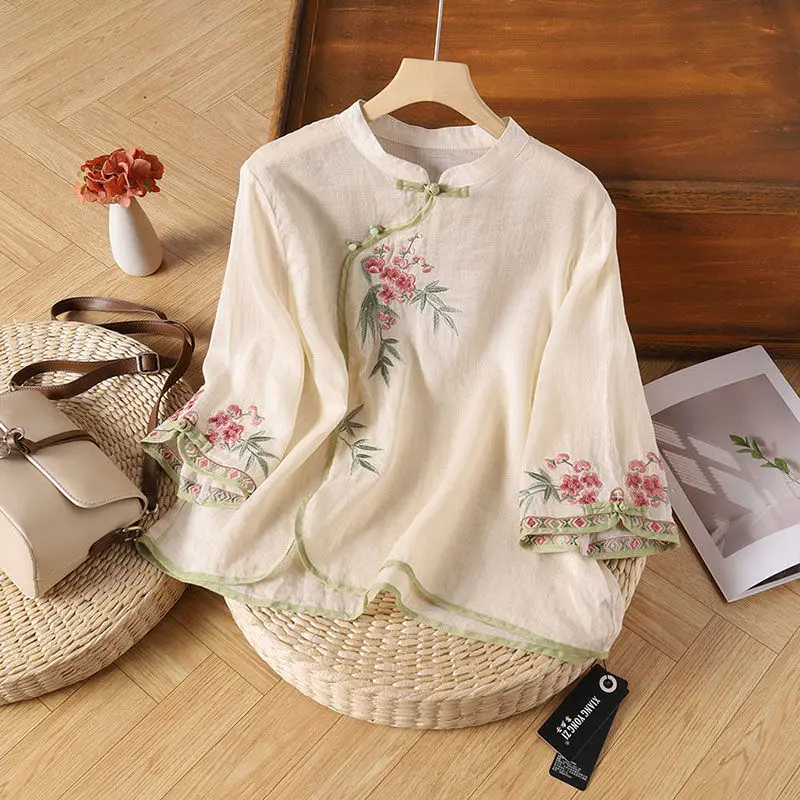 New Women Chinese Style Vintage Embroidery Blouses Stand Collar Irregular Loose Thin Shirts Elegant Cotton Linen 3/4 Sleeve Tops