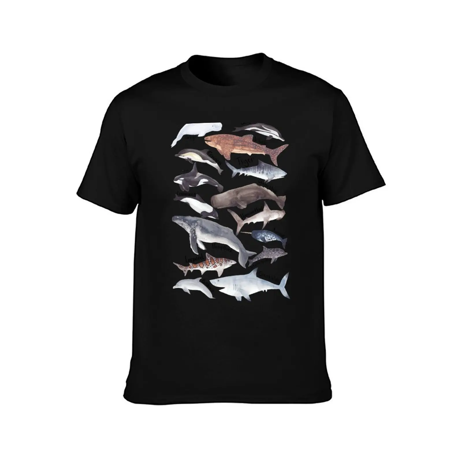 Types of whales, sharks and dolphins watercolour T-Shirt, Summer Casual Cotton Tee, Oversized Streetwear Tops, Unisex Men Women