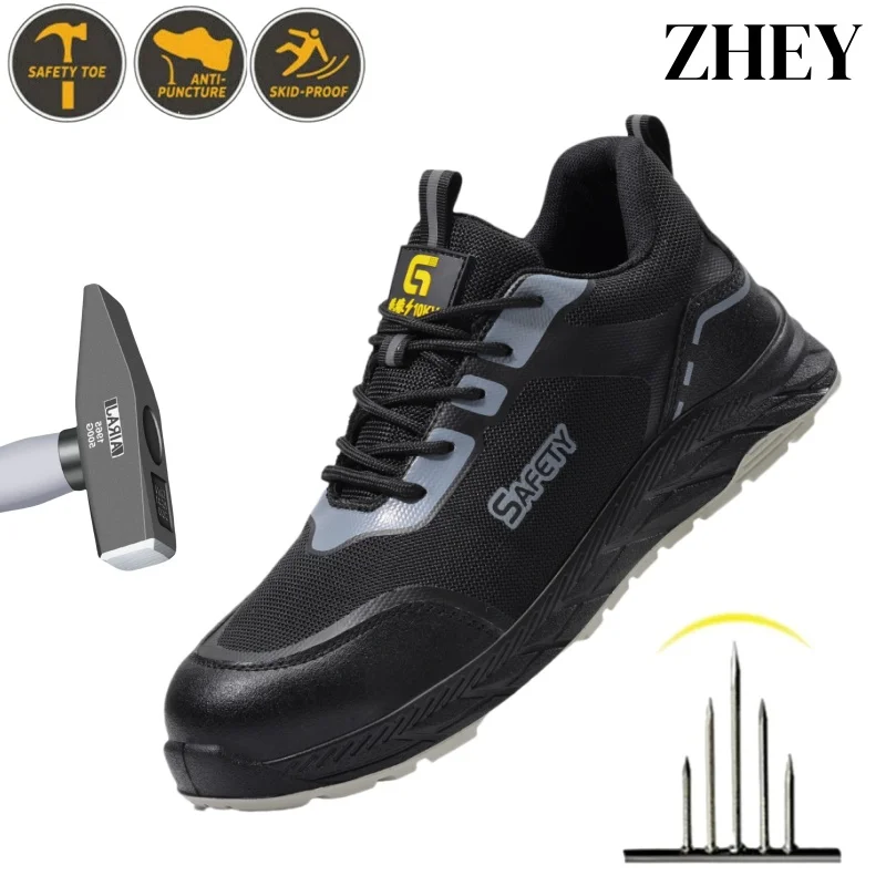 

Breathable Steel Toe Safety Shoes, Lightweight Anti-Slip Work Boots for Men, CE Approved Industrial Black Work Footwear