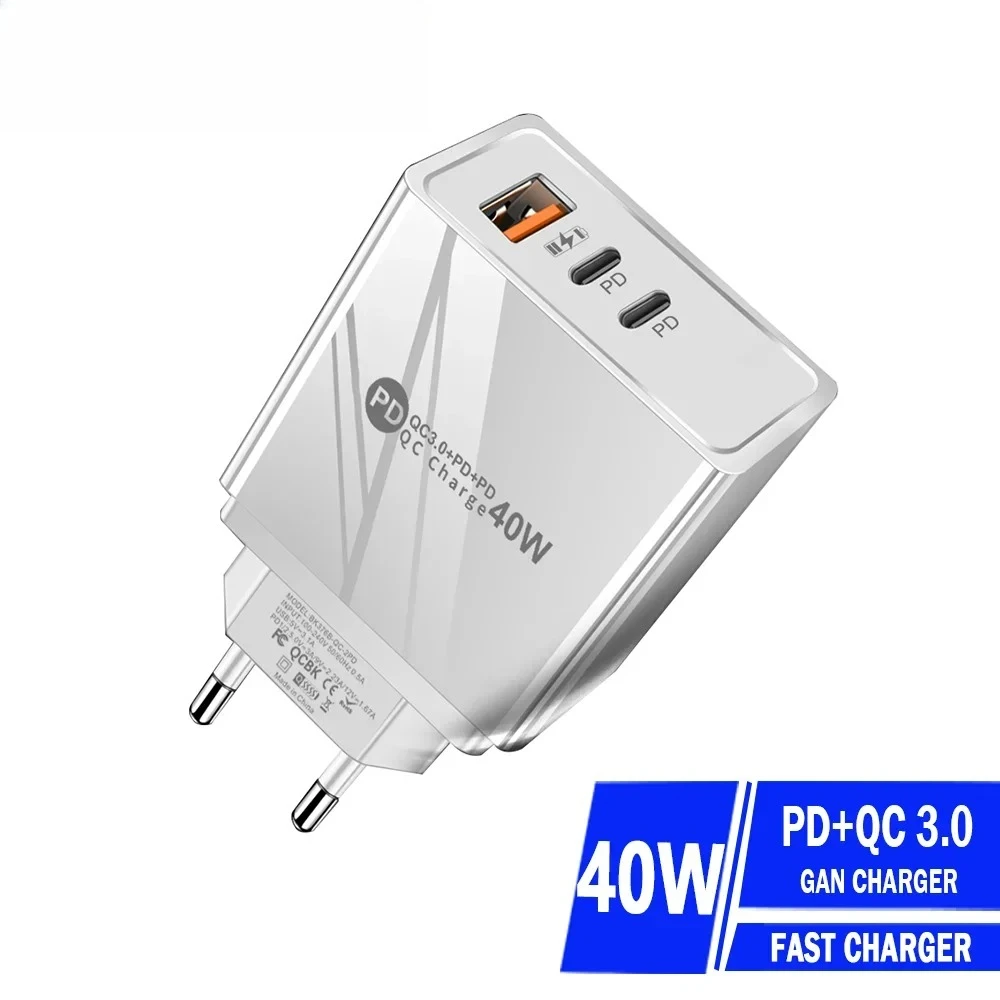 40W 3-Port Fast Charger QC3.0 2 PD USB C Wall Adapter, US/EU Plug for iPhone 15 14 Xiaomi 14 Ultra Samsung Huawei Oppo