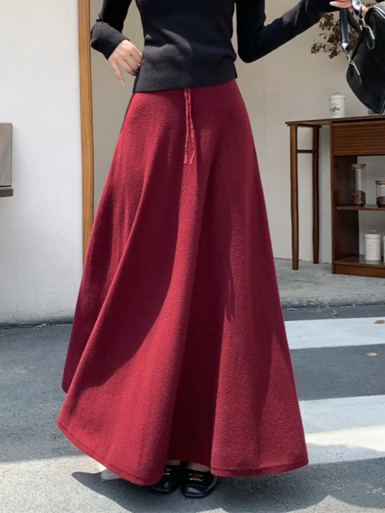 

Однотонная вязаная юбка-миди для женщин, осень-зима, тонкая юбка с высокой талией и рюшами, покрывает бедра, юбка-зонтик средней длины