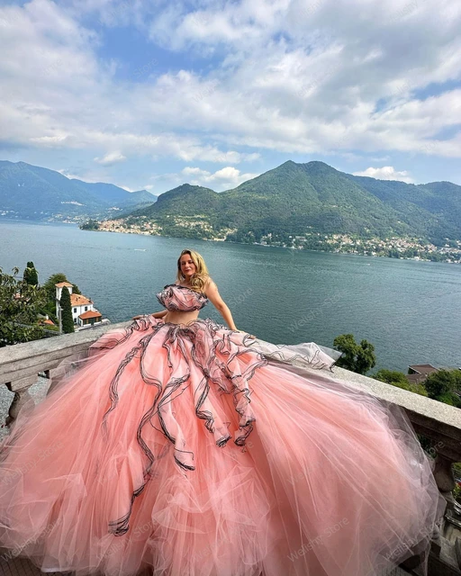 Gorgeous Peach Pink Puffy Tulle Ball Gowns 2 Pieces Long Women Maxi Dresses To Party Ruched Ruffles Bridal Dress vestidos de AliExpress