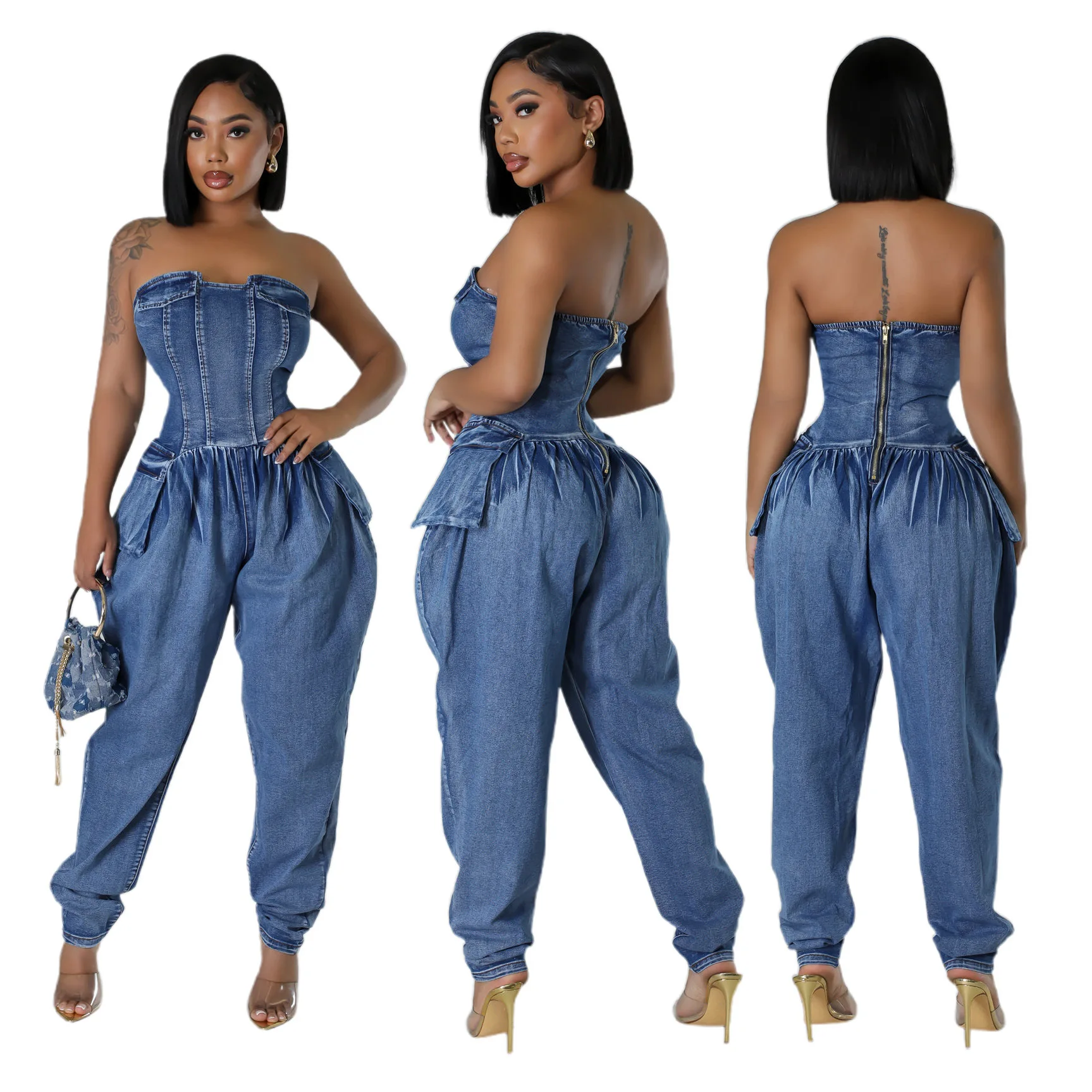 

Women Jumpsuits Sexy Sleeveless Backless Strapless Stretch Denim Jumpsuits Streetwear Casual Lady Wide Leg Pant Jeans Rompempers