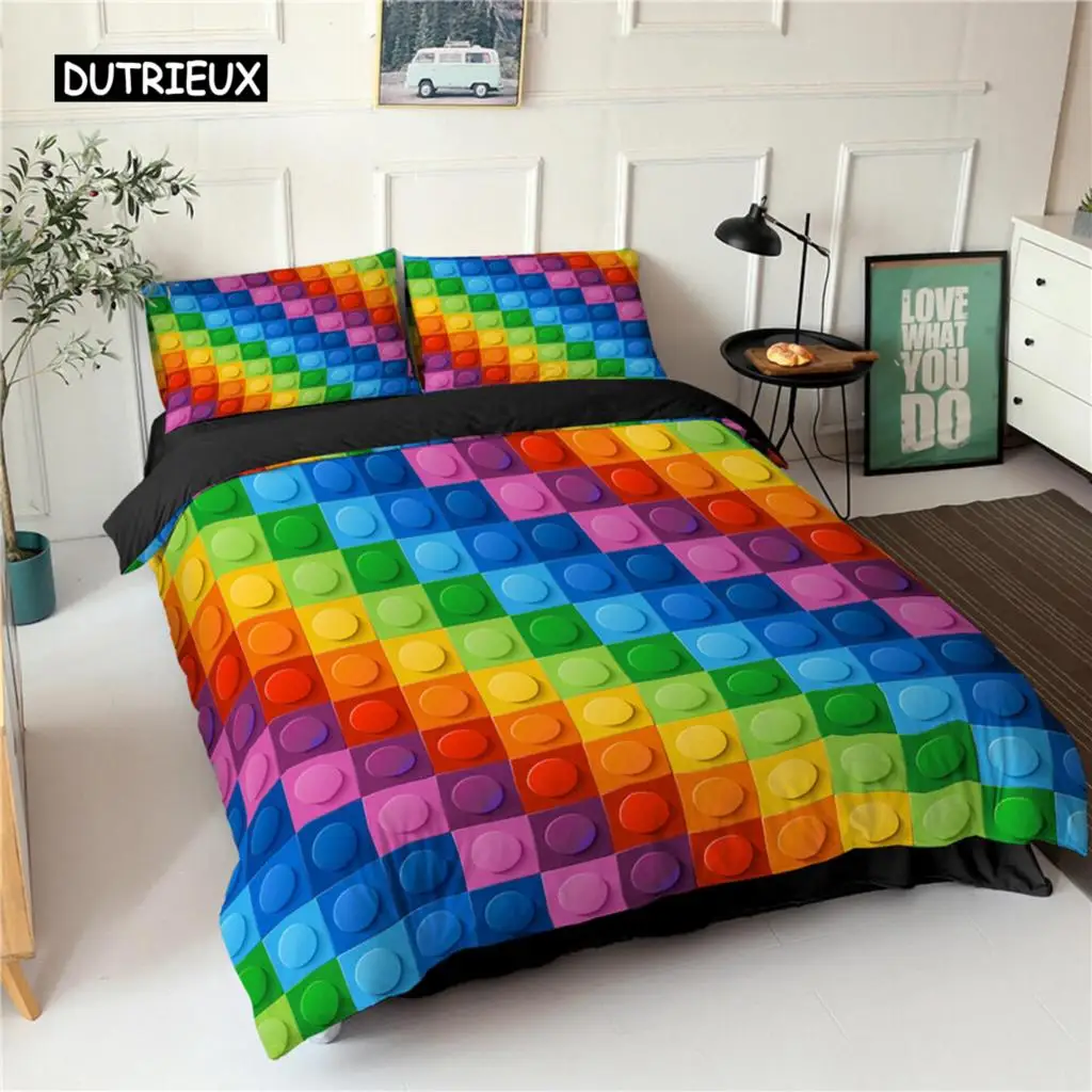 

Toy Print Duvet Cover Set Dot Building Blocks Comforter Cover Microfiber Bedding Set Colorful Geometric Bricks Game Quilt Cover