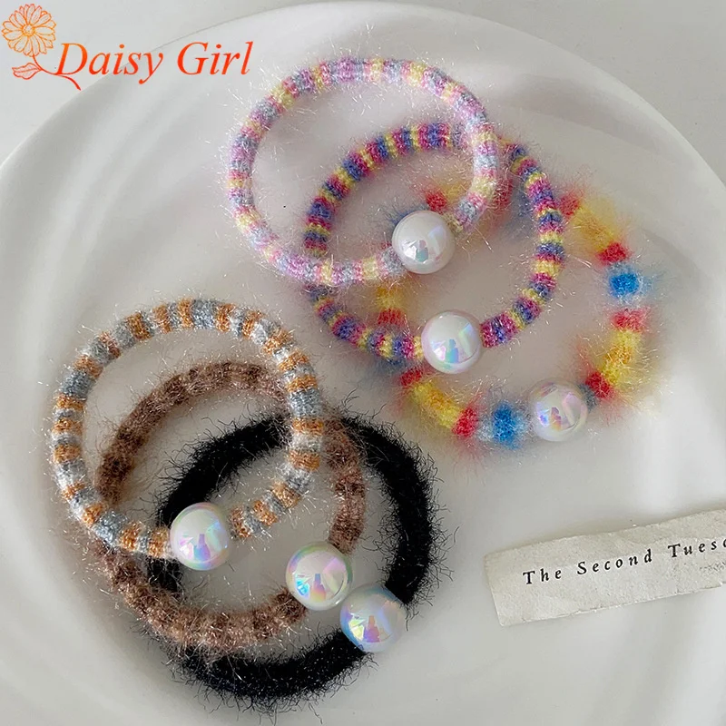 New Sweet Rainbow Wool Hair Tie Elegant Does Not Damage Women Hair High Elastic High Ponytail Pearl Hair Rope Hair Accessories