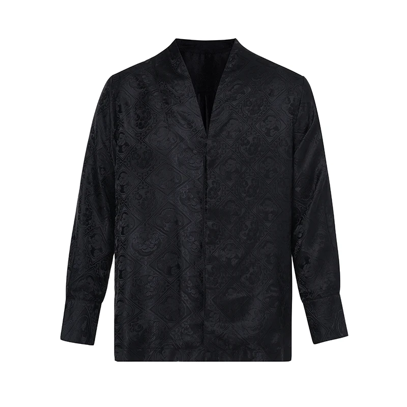 2024 Spring Autumn Minimalist Chinese Style Shirts Light Luxury Dark Jacquard V-neck Trendy Men's Shirts New Chinese Male Shirt