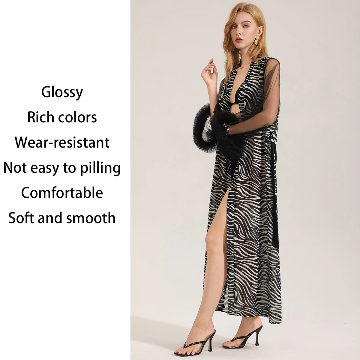 Summer Women Nightgown Gown Robe Long Sleeved Striped Print Pearl Chiffon Cardigan Gown Morning Gown Pajamas Home Clothes