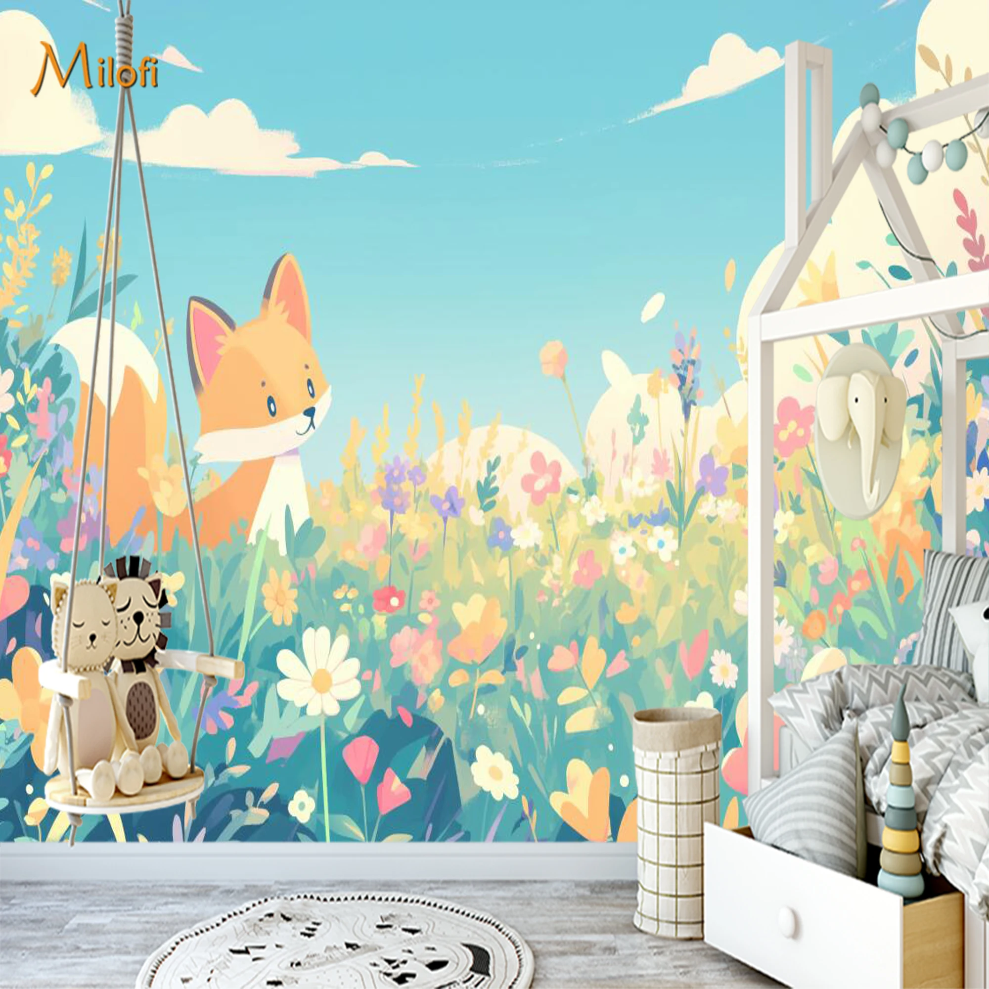 Custom Cute Fox Wildflower Meadow Mural Wallpaper Colorful Flower Cloud Sky Wall Paper for Kids Room Baby Nursery Decor