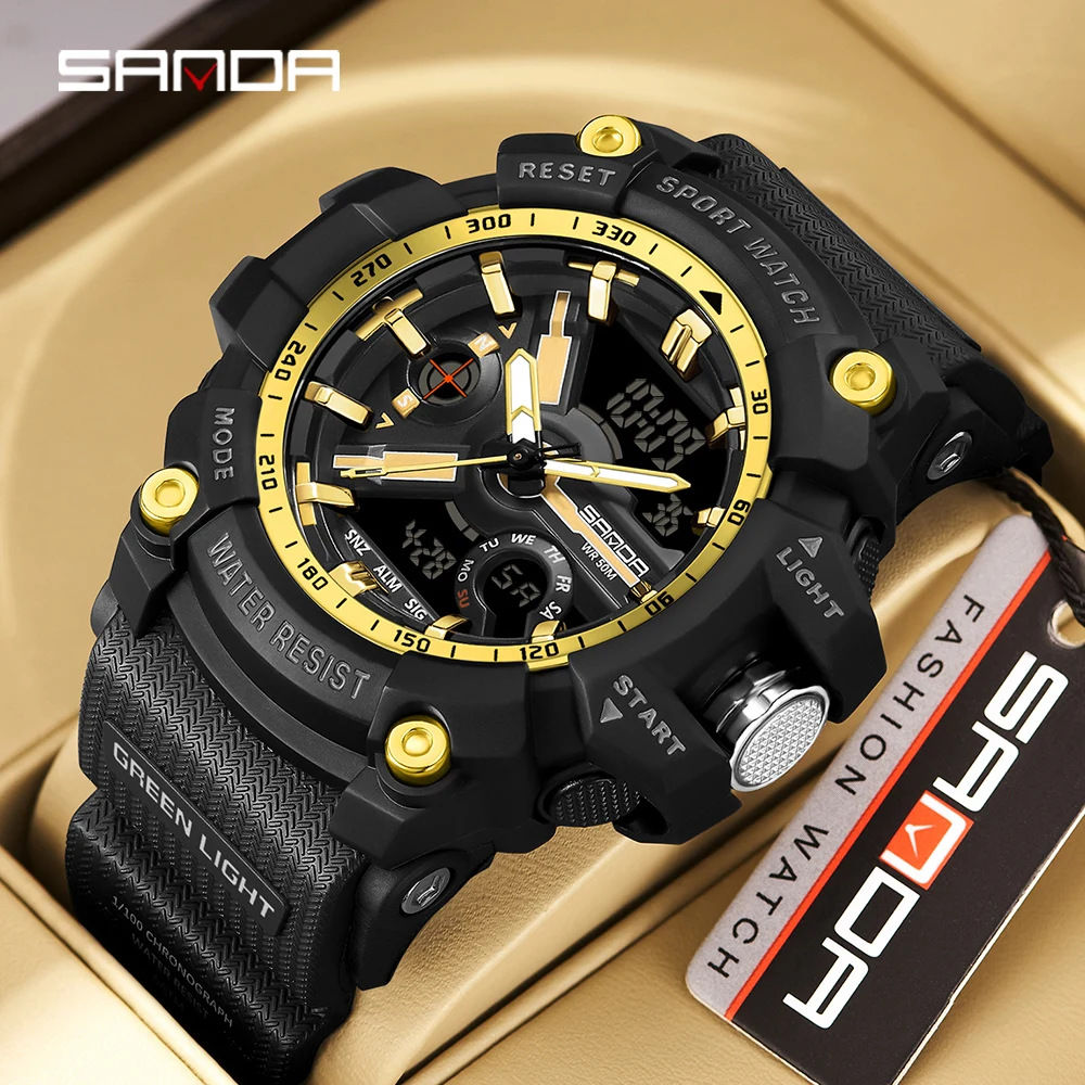 SANDA 3179 Digital Mens Military Watch 50M Waterproof Watch Dual Display Quartz Sports Watch For Men Luminous