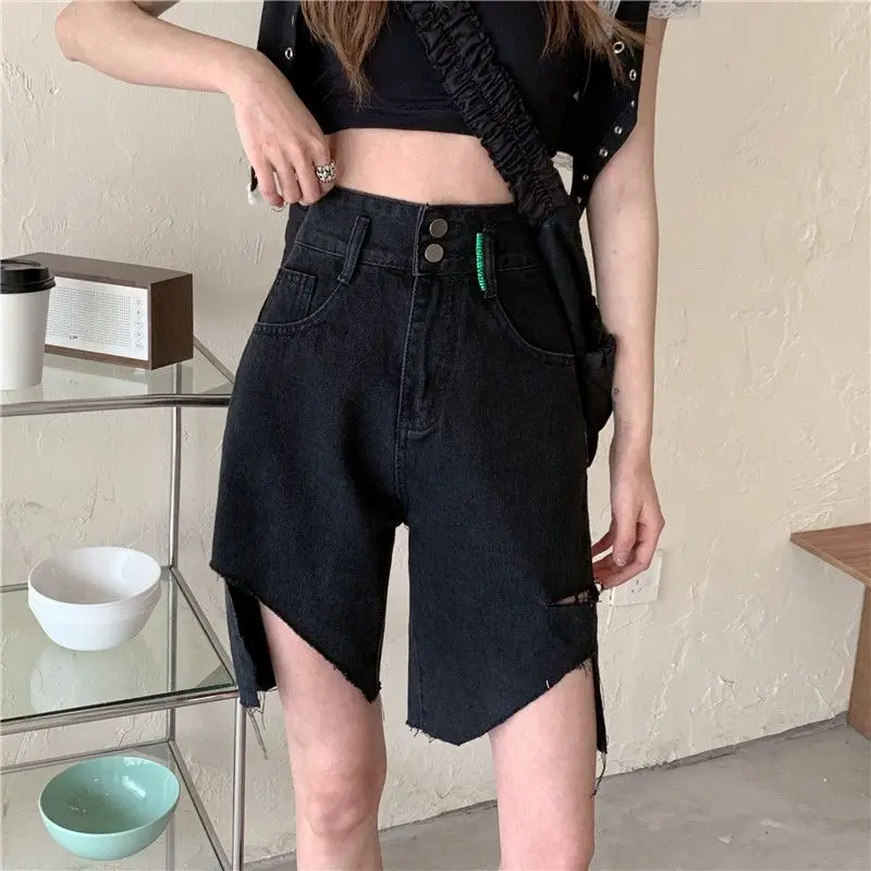 Denim Shorts Black Ripped Irregular High Waist Straight Women 2024 Summer Korean Version Slimming Raw Edge Five-Point Hot Pants