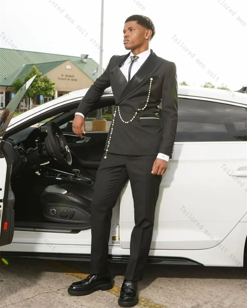 

Luxury Beading Men Suits Set 2 Pieces Blazer+Pants Trousers Black Wedding Tuxedos Jacket Formal Office Customized Male Coat