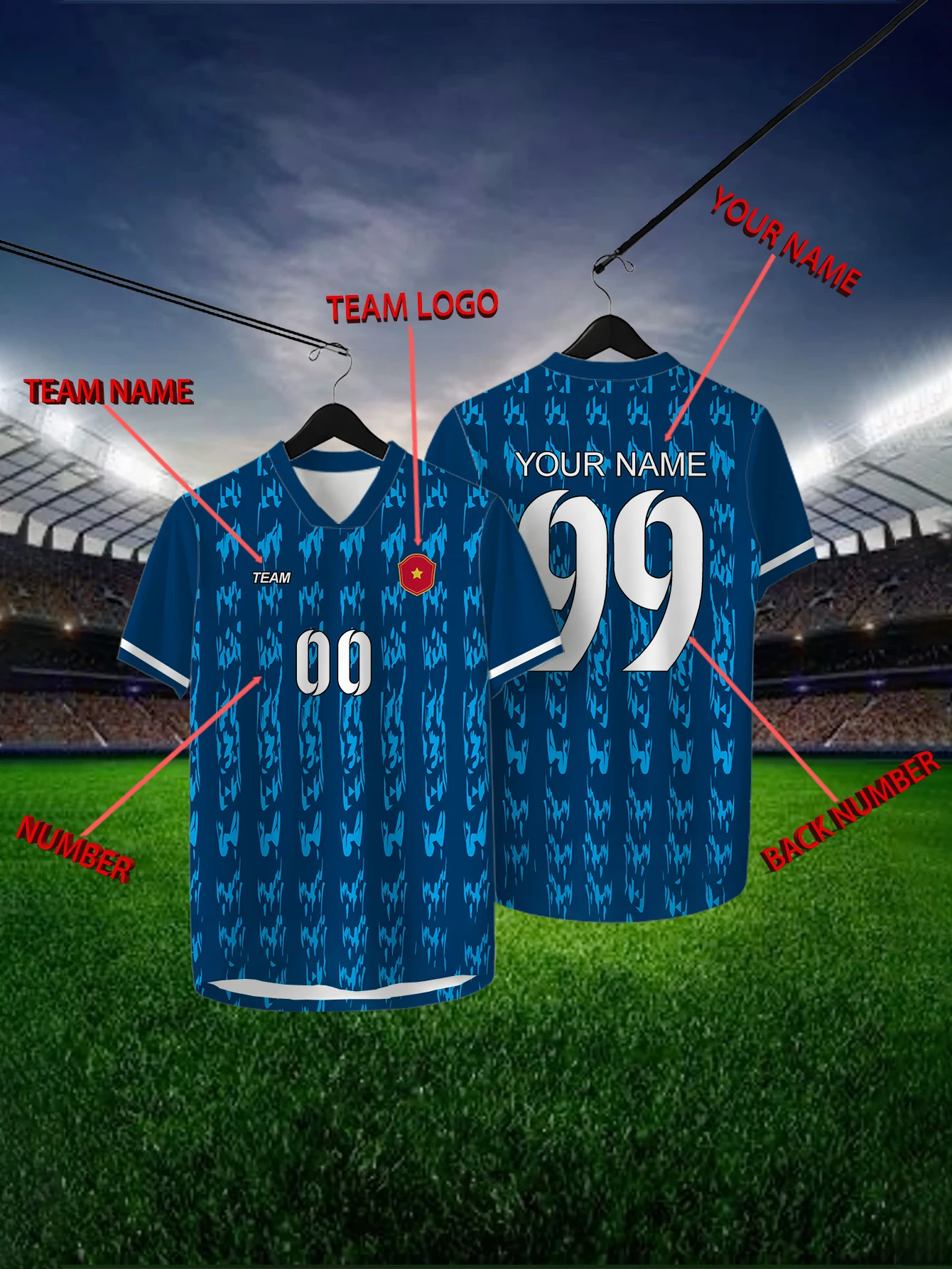 

Customized Geometric Deep Blue Short Sleeved Shirt with Team Name, Emblem, Name and Number, Outdoor Sports Short Sleeved T-shirt