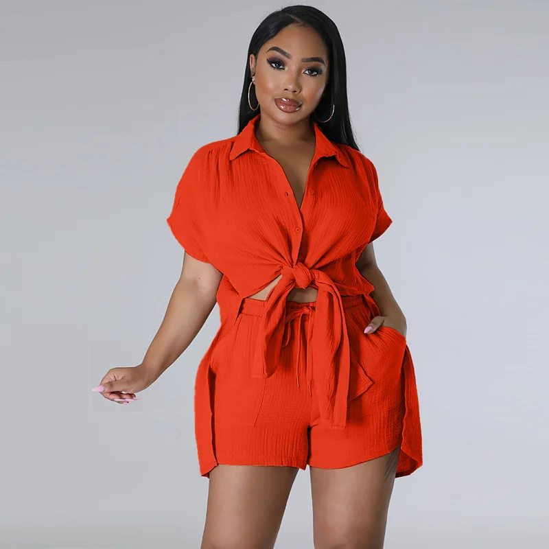 

2023 Summer Fashion Casual Two Piece Set Solid Short Sleeve Shirts Tops Elastic Waist Shorts Streetwear Women Two Piece Outfits