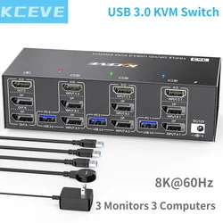 2024 nowy KCEVE HDMI USB 3.0 przełącznik KVM 3 monitory 3 komputery 8K @ 60Hz 4K @ 144Hz potrójny Monitor KVM z 4 portami USB 3.0 KVM Tripl