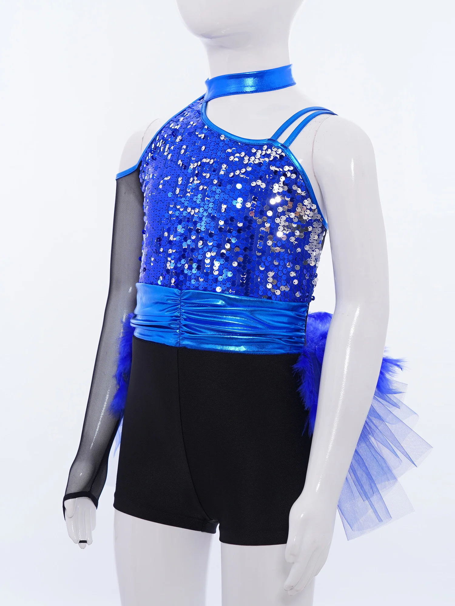 Costume da ballo jazz per bambina, patchwork di paillettes, vita increspata, piume, gonna in tulle, body, sala da ballo, performance latina