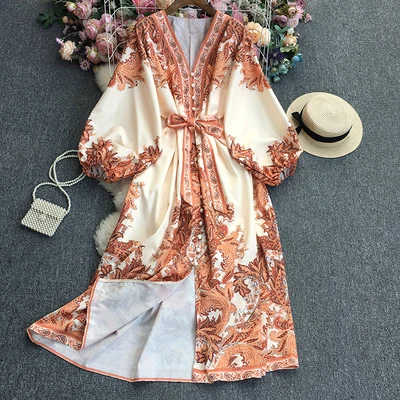 

Vintage Dress V Neck 3/4 Balloon Sleeve Belted Mini Dress Women Dresses Spring Summer Runway Paisley Print